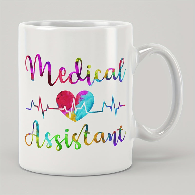 Tailorly White Ceramic 11 oz Mug - Medical Assistant Vibrant Colorful Tie Dye Texture With Heartbeat Line Flowing Across The Heart