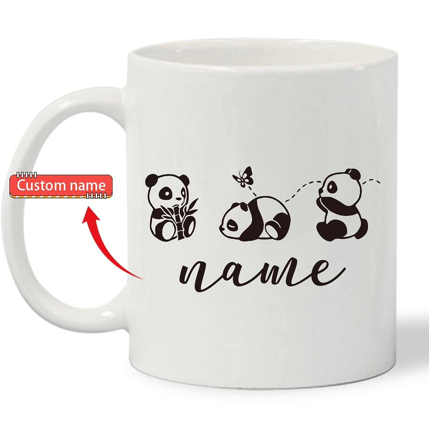 Tailorly White Ceramic 11 oz Mug - Name Three Adorable Little Pandas Playing Peacefully With Bamboo And Butterfly Panda