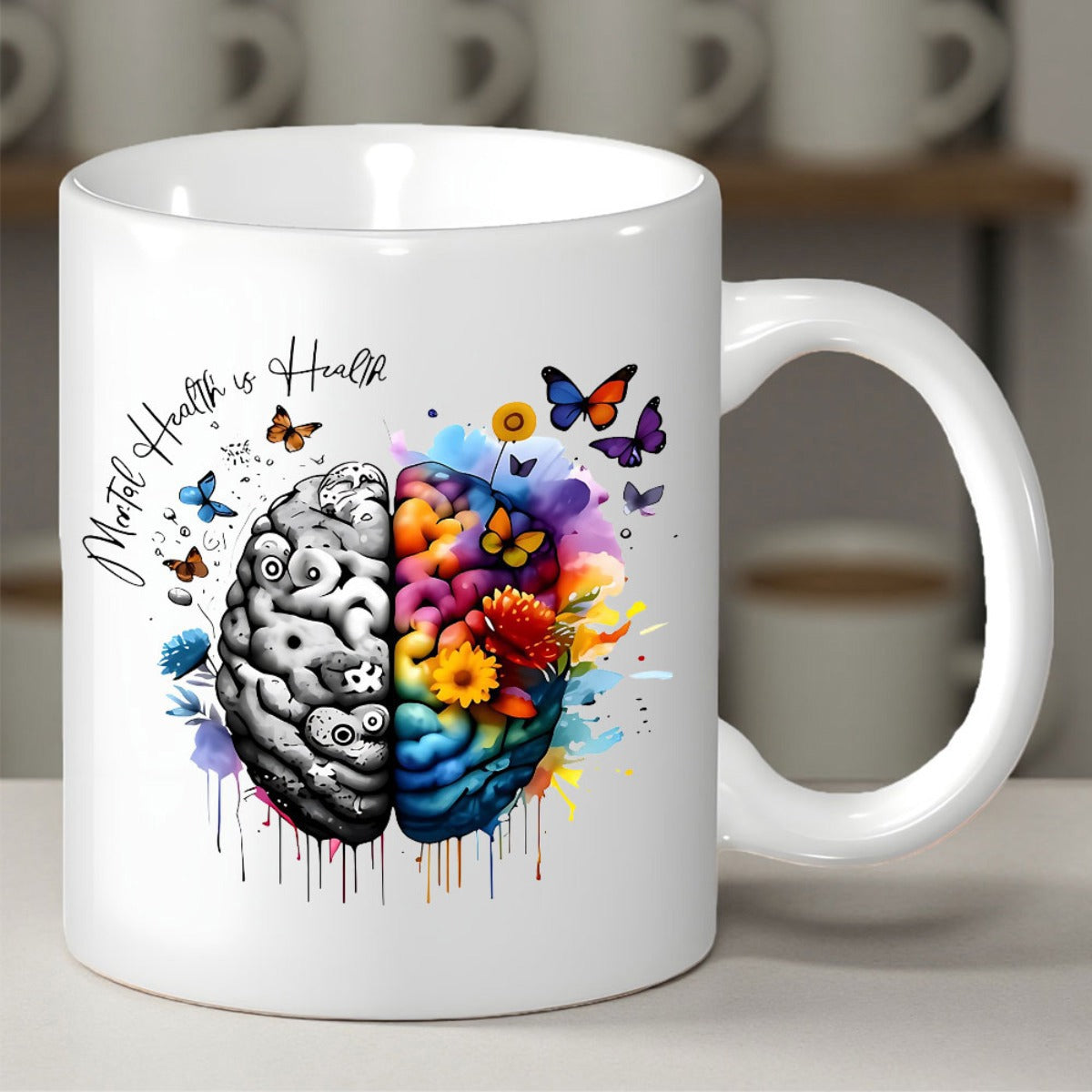 Tailorly White Ceramic 11 oz Mug - Mental Health Is Health Vibrant Human Brain With Colorful Flowers And Fluttering Butterflies Creative Brain