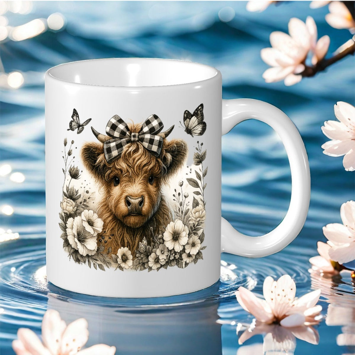 Tailorly White Ceramic 11 oz Mug - Sweet Fluffy Highland Calve Wearing Plaid Bow Surrounded By Wildflowers Cow