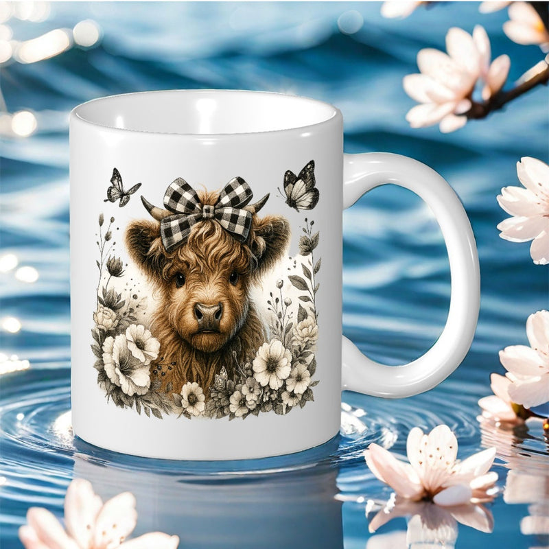 Tailorly White Ceramic 11 oz Mug - Sweet Fluffy Highland Calve Wearing Plaid Bow Surrounded By Wildflowers Cow