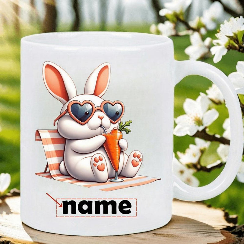 Tailorly White Ceramic 11 oz Mug - Name Adorable White Bunny Wearing Heart Sunglasses Relaxing On Beach Chair Rabbit