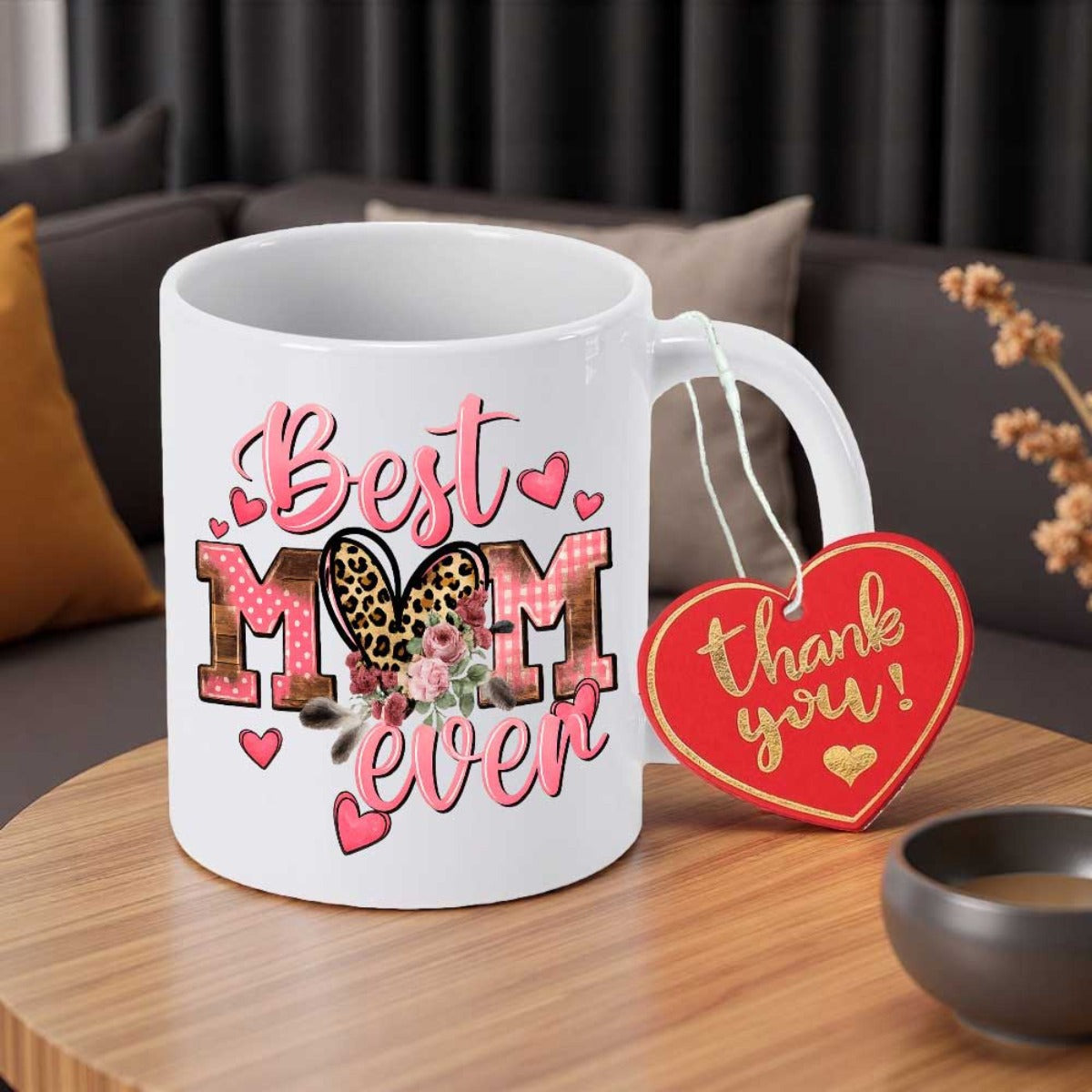 Tailorly White Ceramic 11 oz Mug - Best Mom Ever Thank You Pink Leopard Print Pattern With Blooming Floral Garden Accents Heart