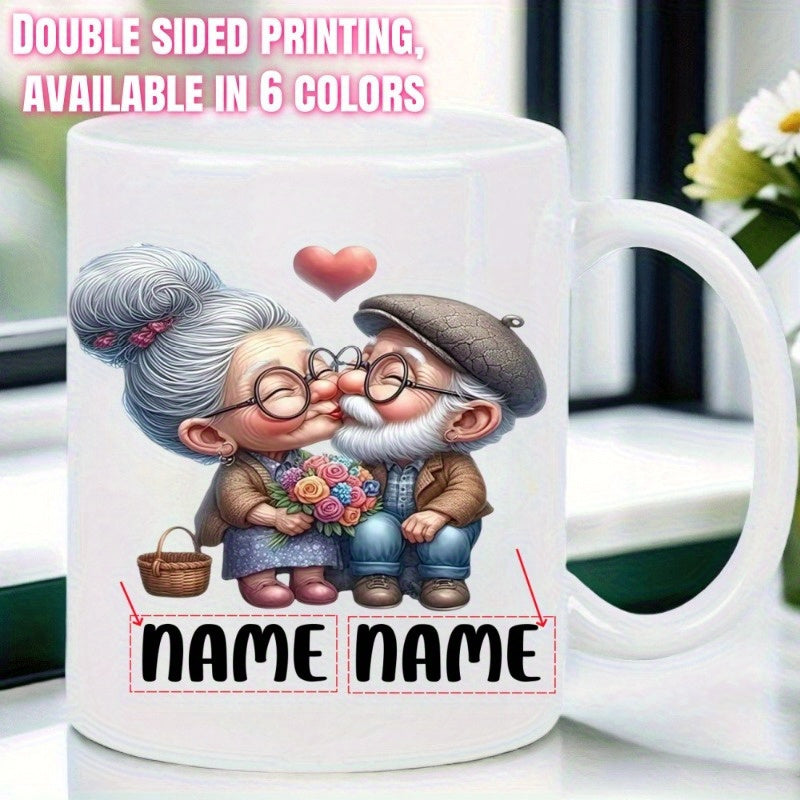 Tailorly White Ceramic 11 oz Mug - Name Name Adorable Cartoon Elderly Couple Kissing Under A Small Red Heart Couple
