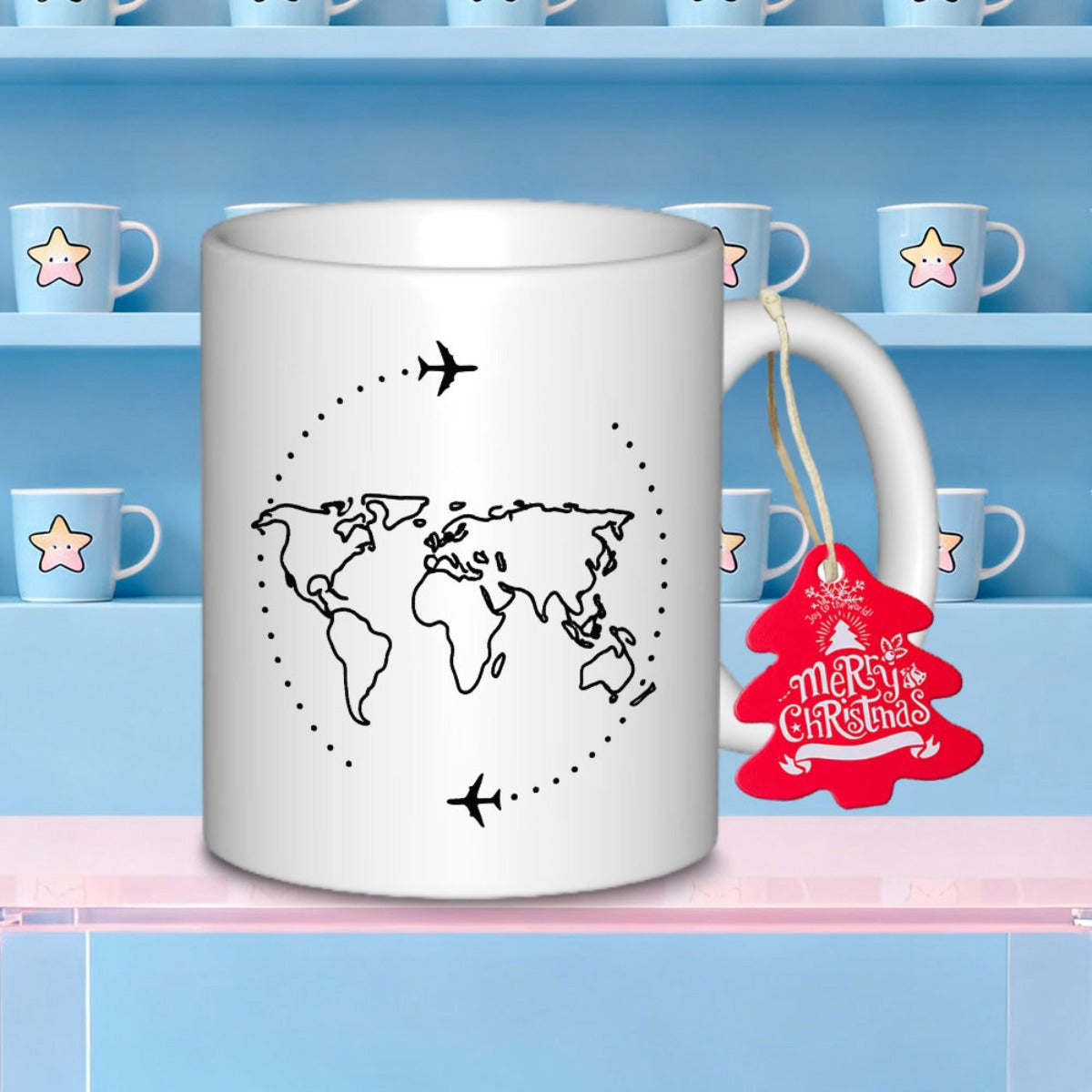 Tailorly White Ceramic 11 oz Mug - Merry Christmas Minimalist Black Outline Featuring Small Airplanes Flying On A Dotted Path Map