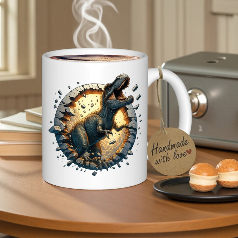 Tailorly White Ceramic 11 oz Mug - Powerful Bursting Through A Circular Stone Wall With Flying Debris Tyrannosaurus Rex