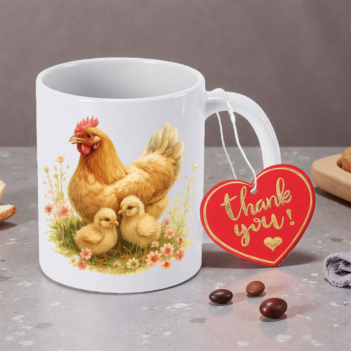 Tailorly White Ceramic 11 oz Mug - Thank You Golden Hen With Two Small Yellow Chicks Standing In Grassy Flower Meadow Chicken