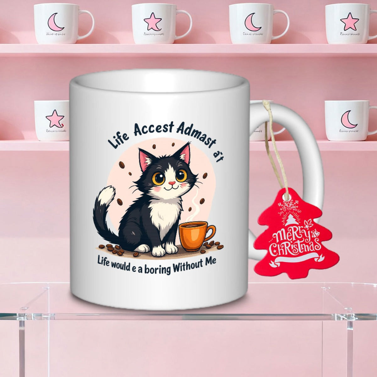 Tailorly White Ceramic 11 oz Mug - Life Would Boring Without Me Charming Tuxedo Kitten Sitting Peacefully Next To Small Brown Coffee Mug Cat