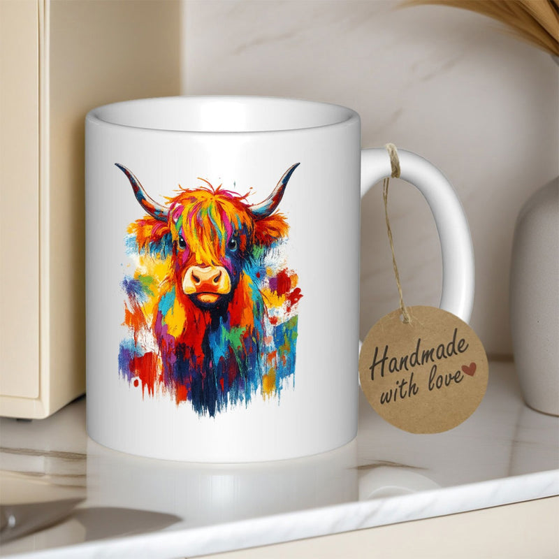 Tailorly White Ceramic 11 oz Mug - Vibrant Colorful Watercolor Painting Effect Artistic Style Standing Majestic Long Horned Cow