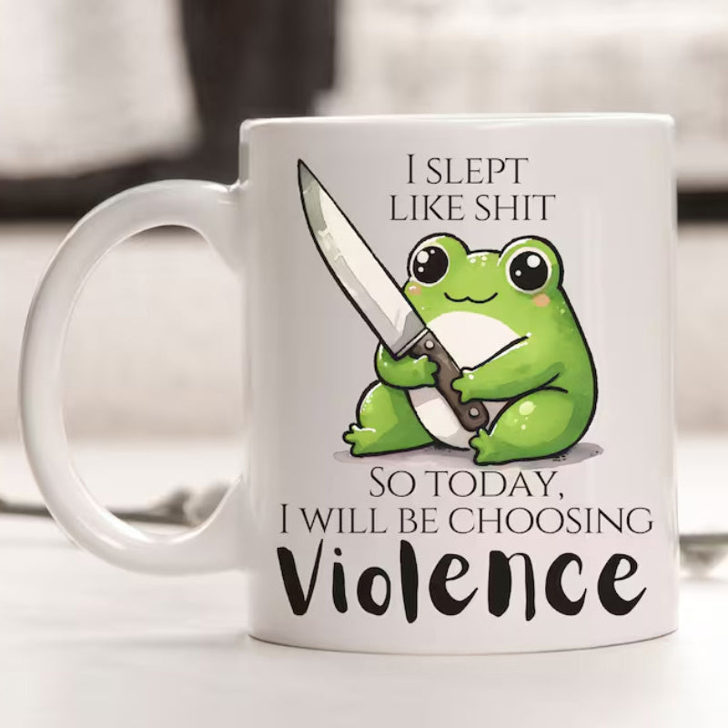 Tailorly White Ceramic 11 oz Mug - I Slept Like Shit So Today I Will Be Choosing Violence Adorable Green Cartoon Frog Holding A Large Sharp Metallic Kitchen Knife