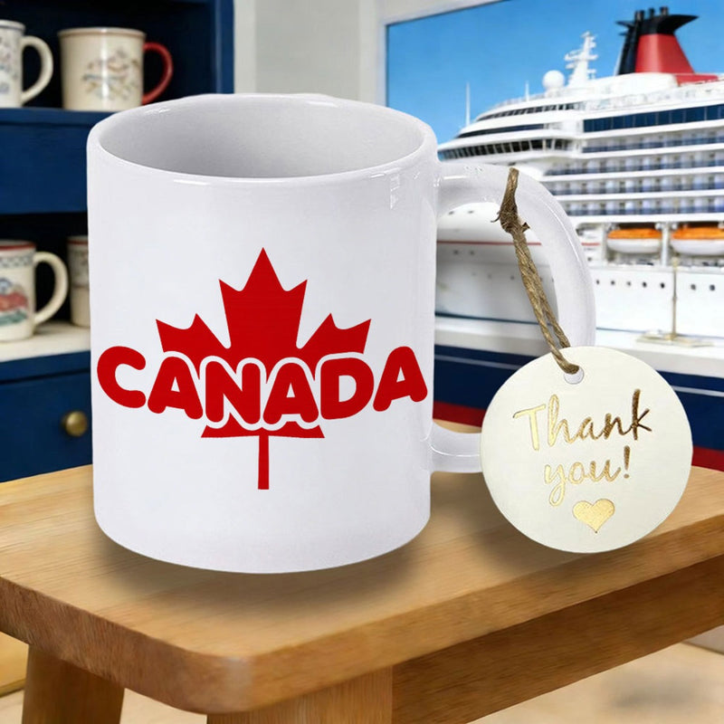 Tailorly White Ceramic 11 oz Mug - Canada Bold Red Symbolic Decorative Text Over A Vibrant Stylized Classic Maple Leaf