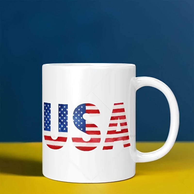 Tailorly White Ceramic 11 oz Mug - USA Patriotic Stars And Stripes Pattern Filled Within Bold Letters American Mug