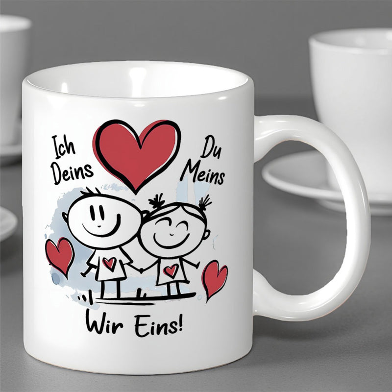 Tailorly White Ceramic 11 oz Mug - Hand Drawn Sketch Of Couple Holding Hands With Red Hearts Couple