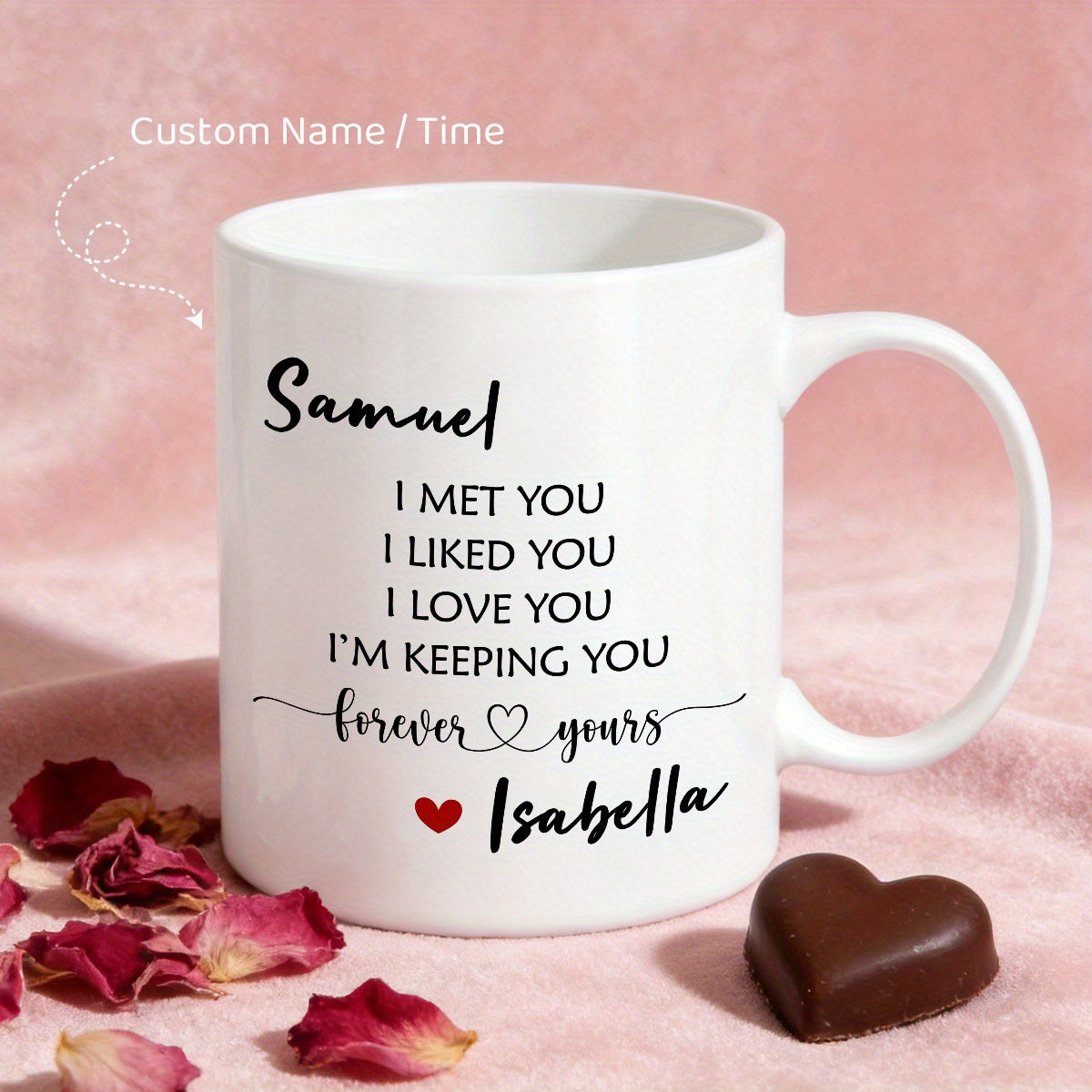 Tailorly White Ceramic 11 oz Mug - Samuel I Met You I Liked You I Love You Im Keeping You Forever Yours Isabella Elegant White Ceramic Featuring Rose Petals And