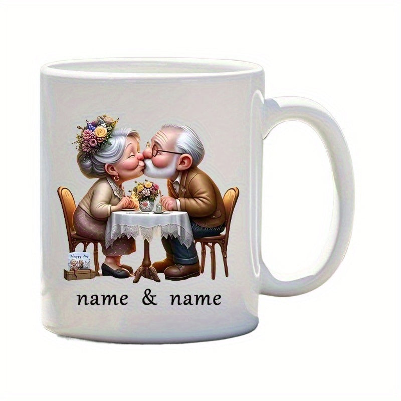 Tailorly White Ceramic 11 oz Mug - Name Name Adorable Elderly Figures Kissing Over A Small White Cafe Table Couple