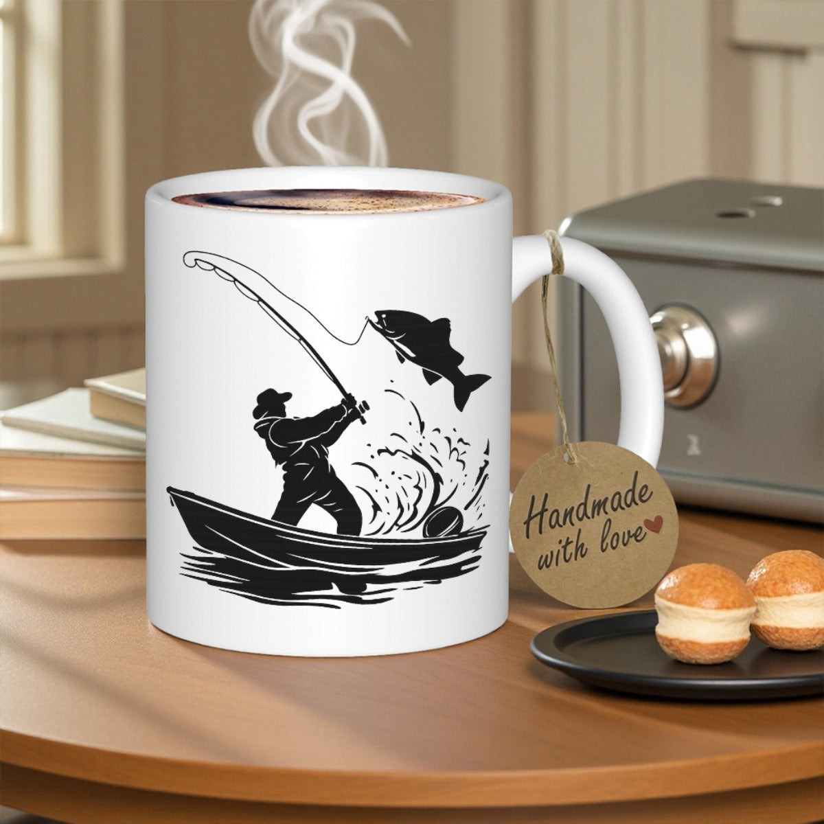 Tailorly White Ceramic 11 oz Mug - Silhouette Of A Skilled Angler Catching A Large Fish From A Boat Fisherman