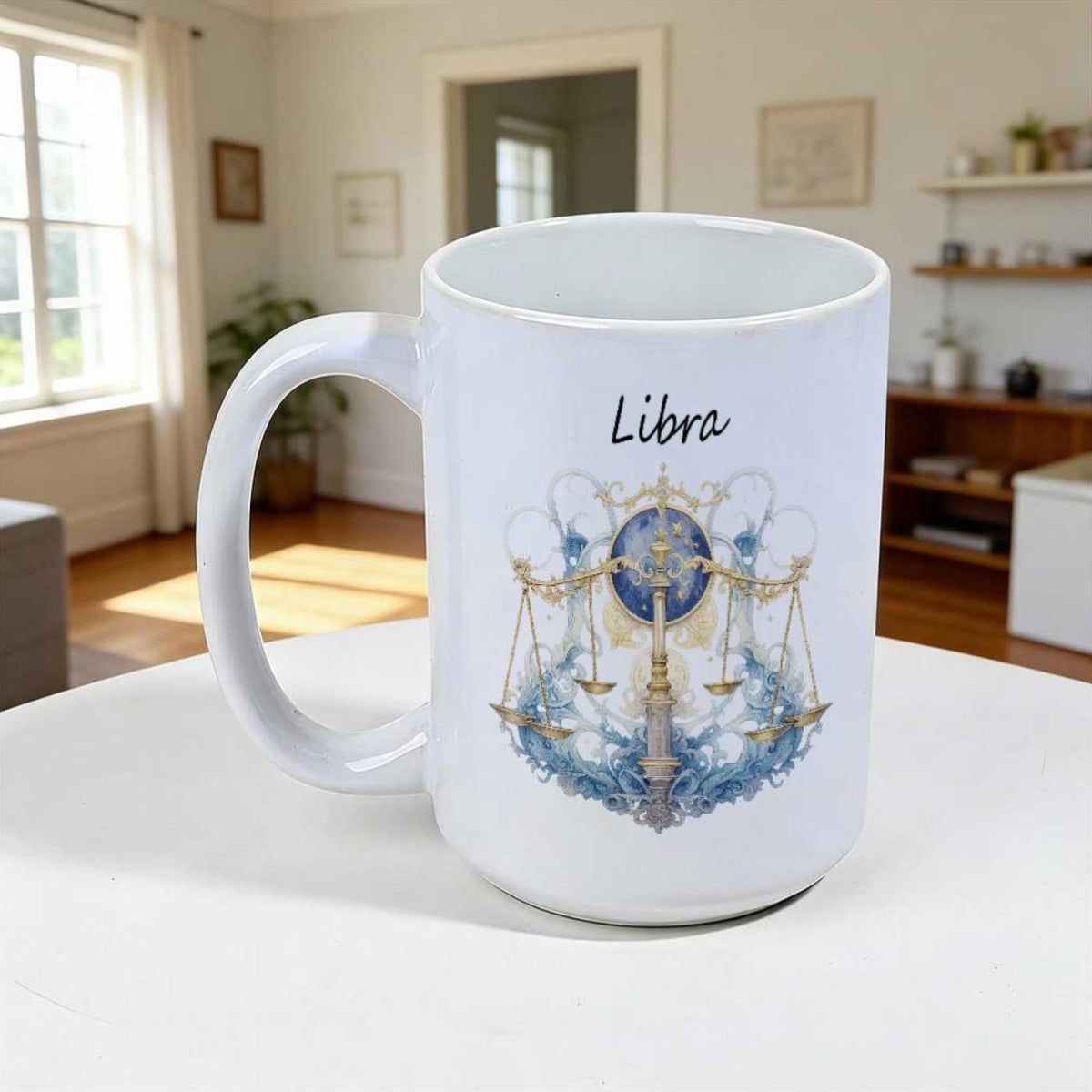 Tailorly White Ceramic 11 oz Mug - Libra Ornate Golden Celestial Balance Scale Among Ethereal Blue Swirling Waves Scale