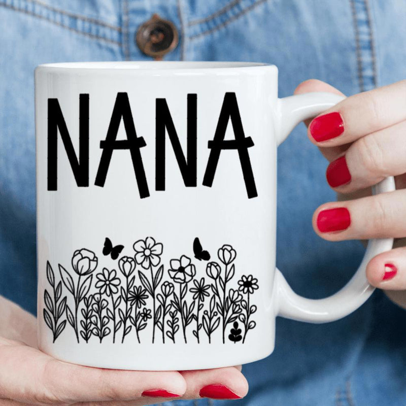 Tailorly White Ceramic 11 oz Mug - Nana Minimalist Black Line Art Wildflowers Blooming In A Garden Wildflower