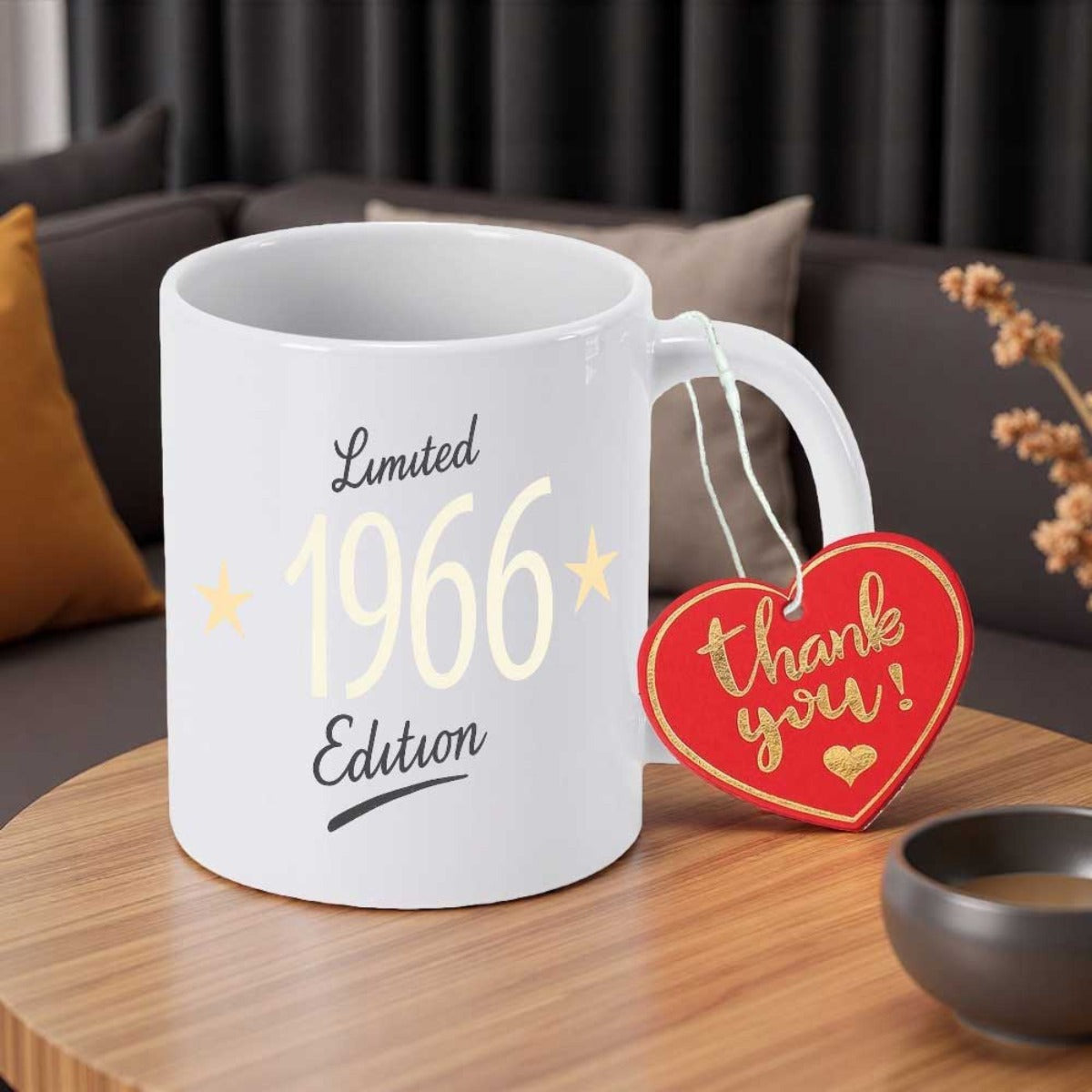 Tailorly White Ceramic 11 oz Mug - Limited 1966 Edition Thank You Minimalist White Ceramic Vessel With Golden Stars And Elegant Script Writing Mug