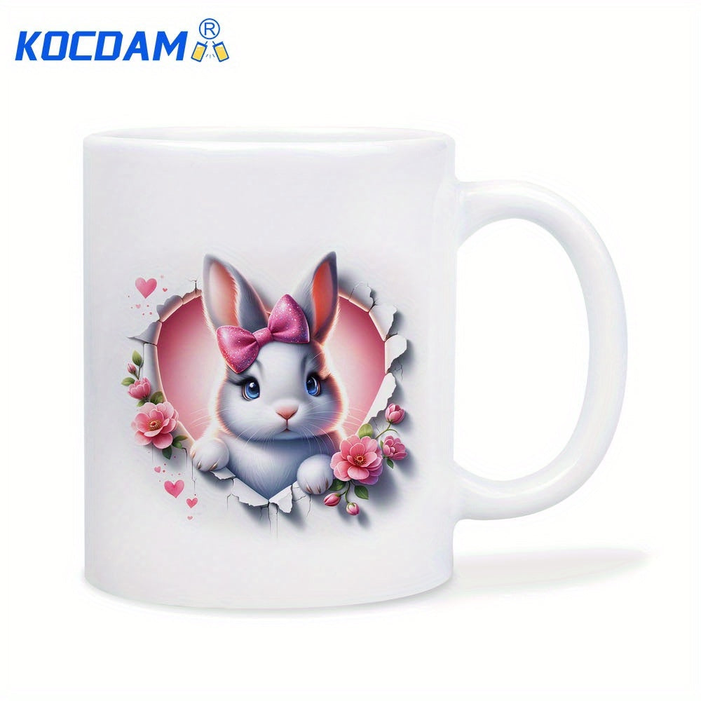 Tailorly White Ceramic 11 oz Mug - Cute White Bunny Wearing Pink Bow Inside Floral Heart Shaped Frame Rabbit