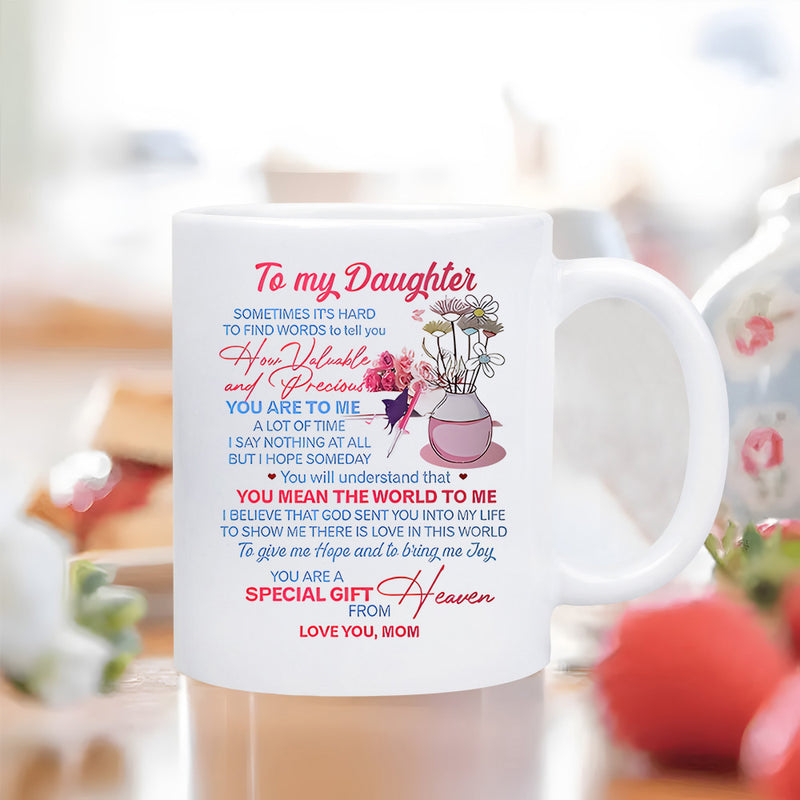 Tailorly White Ceramic 11 oz Mug - To My Daughter Love You Mom Small Vase With Delicate Blooming Flowers Sitting Gracefully Beside Heartfelt Sentiments Mug