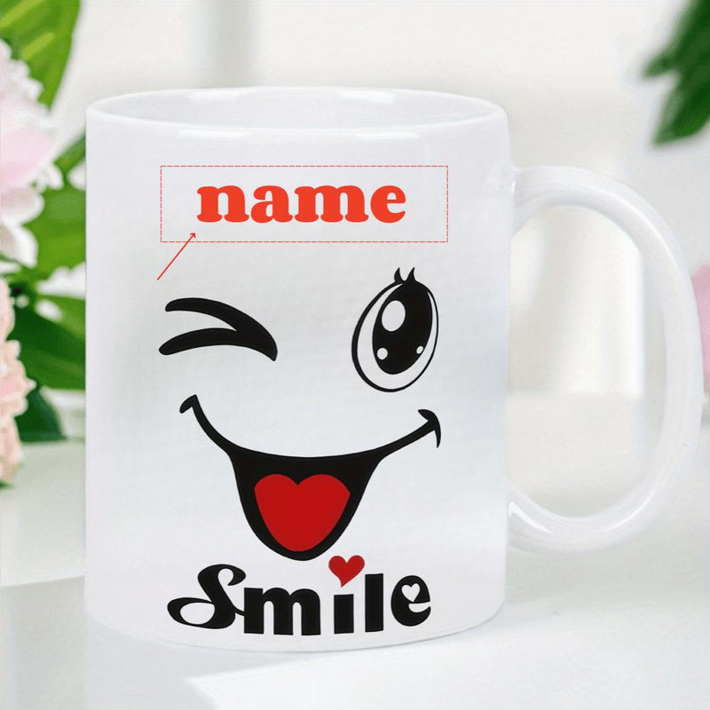 Tailorly White Ceramic 11 oz Mug - Name Smile Cheerful Winking Cartoon Expression With Heart Tongue And Playful Vibe Face