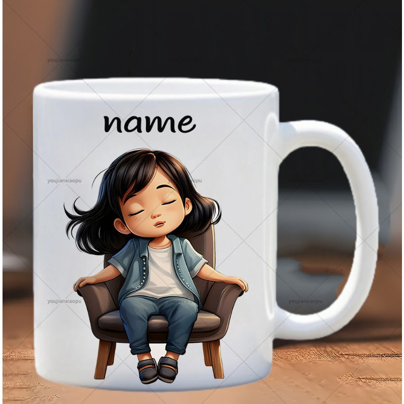 Tailorly White Ceramic 11 oz Mug - Name Peaceful Cartoon Girl Sitting Comfortably In Armchair With Eyes Closed Girl
