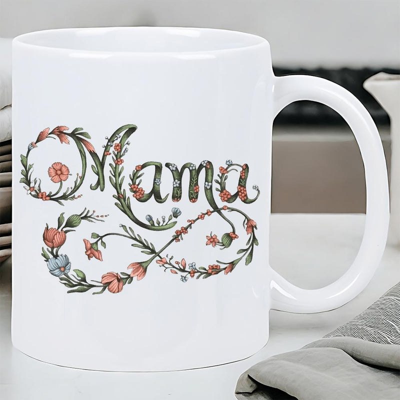 Tailorly White Ceramic 11 oz Mug - Mama Intricate Floral Vines With Delicate Pink Flowers And Green Leaves Forming Infinity Mug