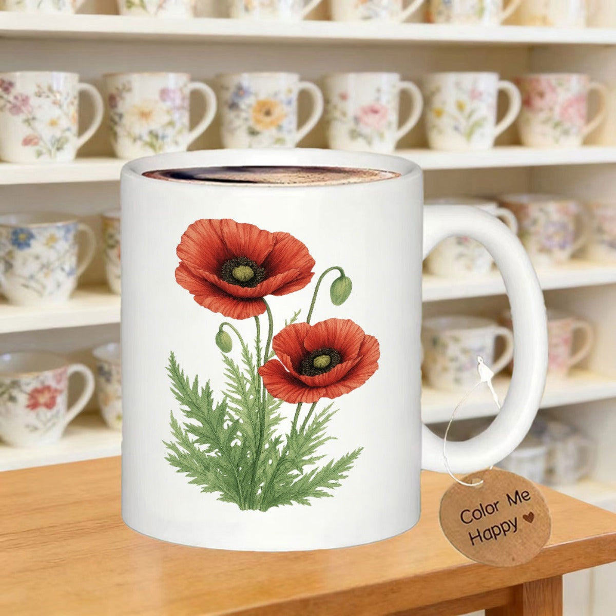 Tailorly White Ceramic 11 oz Mug - Color Me Happy Vibrant Red Flowers With Delicate Green Leaves Standing Tall On White Poppy
