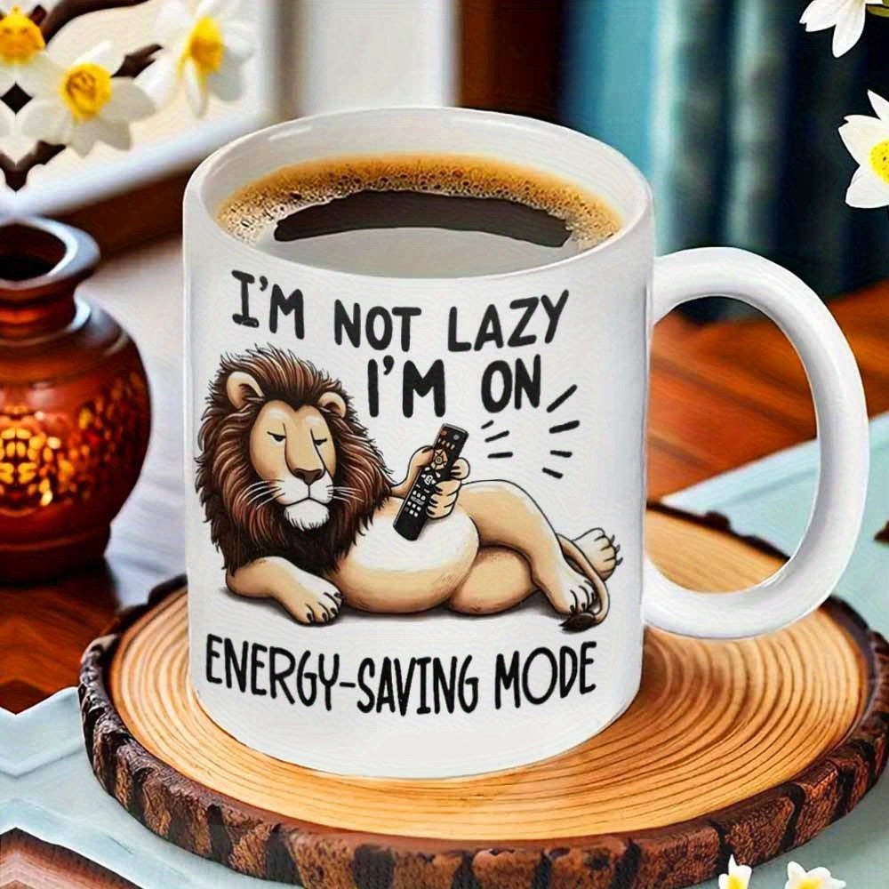 Tailorly White Ceramic 11 oz Mug - Im Not Lazy Im On Energy Saving Mode Comical Relaxed Animal Resting Peacefully With Remote Control Lion