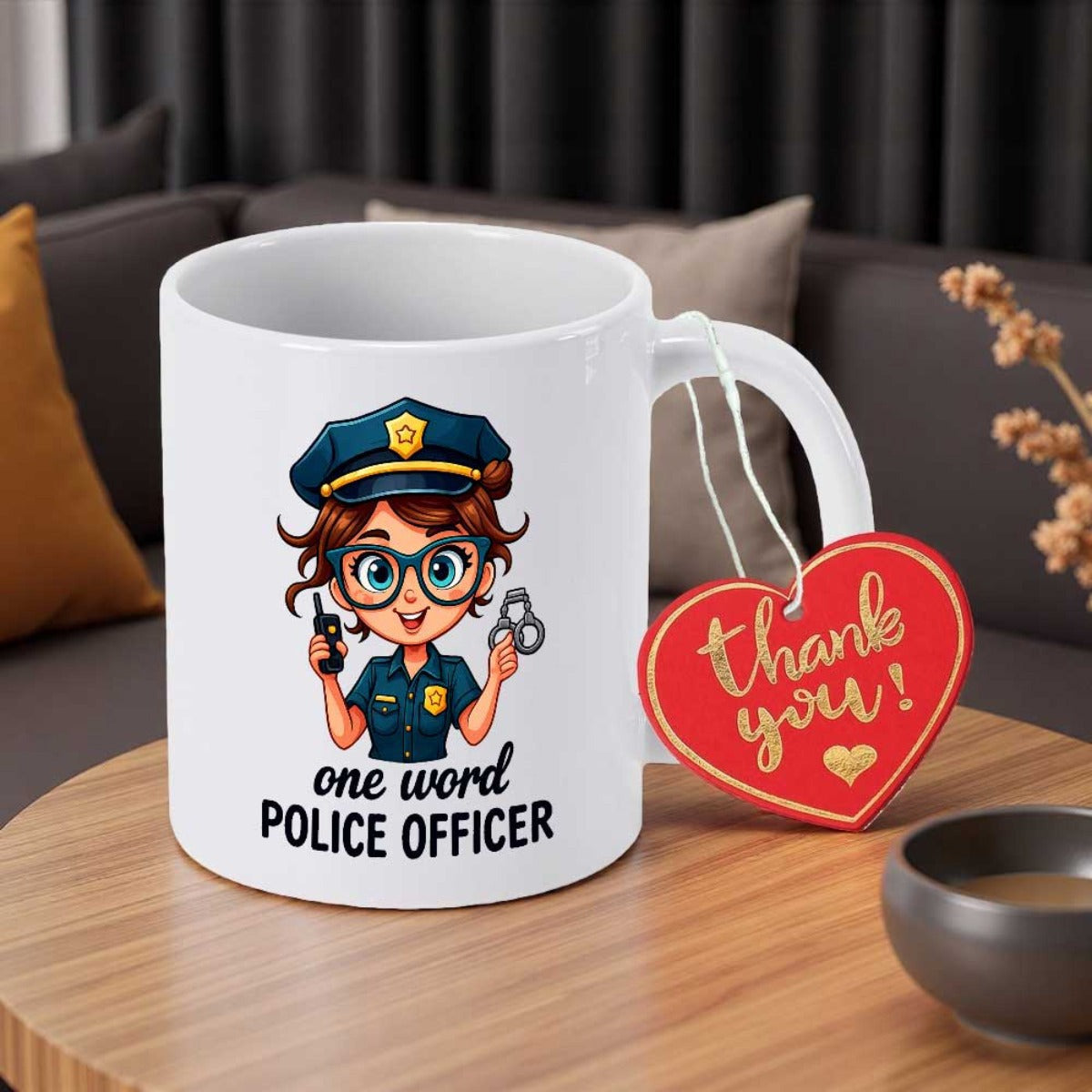 Tailorly White Ceramic 11 oz Mug - One Word Police Officer Cute Cartoon Female Character Wearing Blue Uniform Holding Handcuffs And Radio Officer