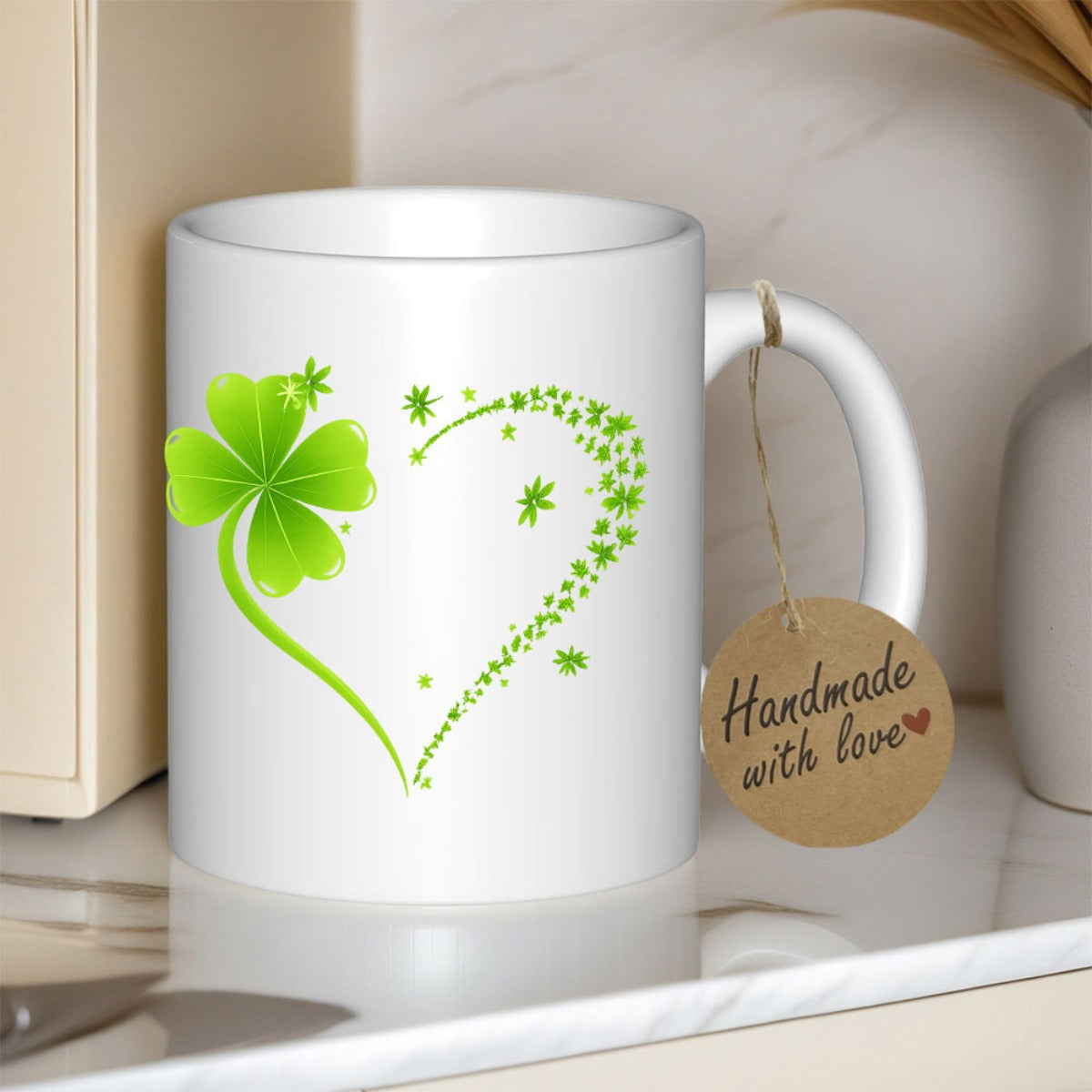 Tailorly White Ceramic 11 oz Mug - Handmade With Love Vibrant Green Heart Shape Formed By Delicate Tiny Sparkling Leaves Clover