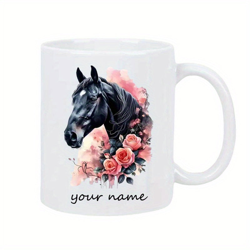 Tailorly White Ceramic 11 oz Mug - Your Name Elegant Dark Stallion Profile Among Artistic Soft Pink Watercolor Roses Horse