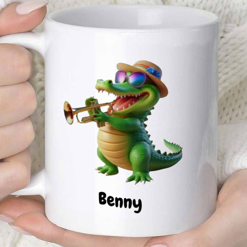 Tailorly White Ceramic 11 oz Mug - Benny Cheerful Green Cartoon Alligator Playing Golden Trumpet Wearing Stylish Hat Alligator