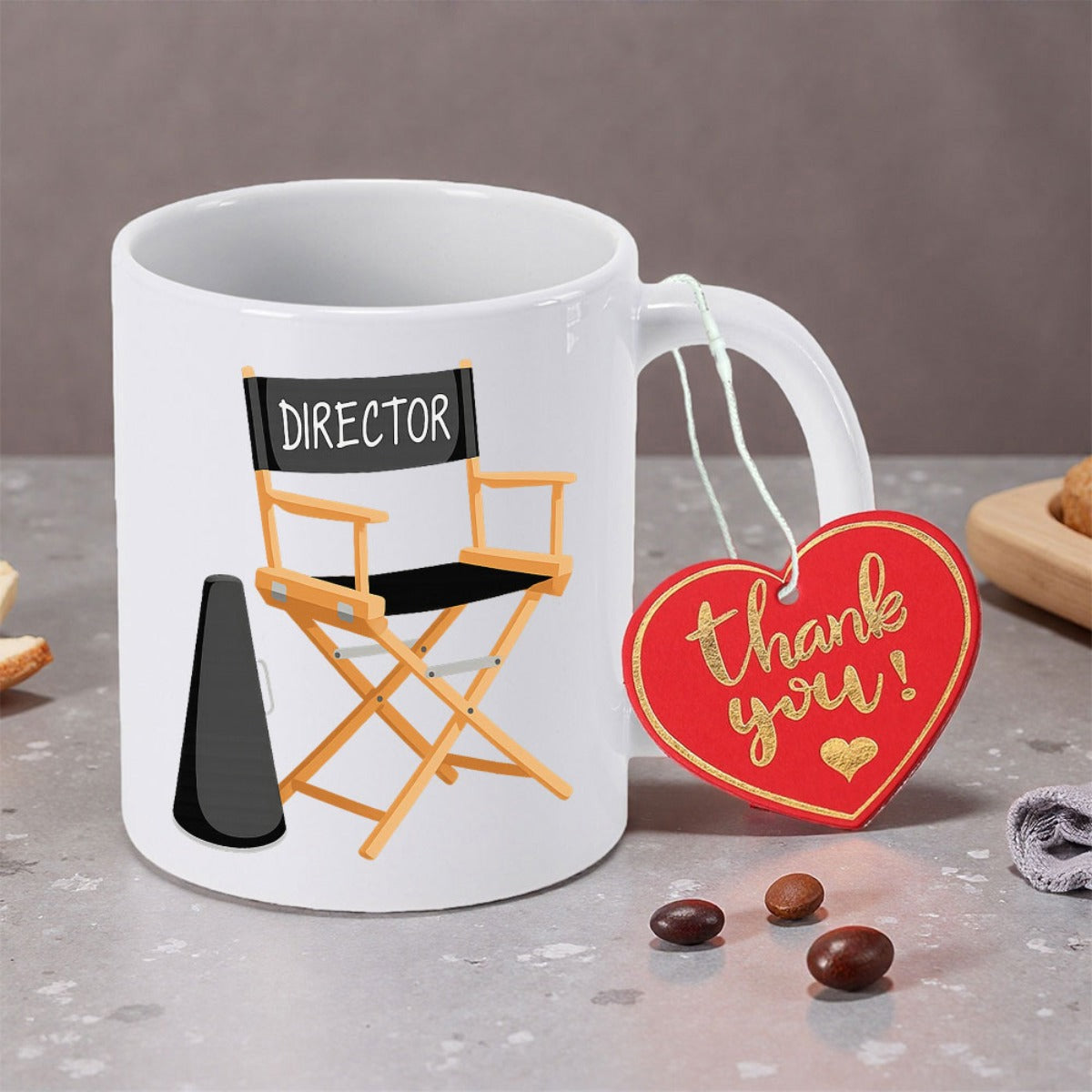 Tailorly White Ceramic 11 oz Mug - Director Classic Wooden Frame With Black Canvas Seat And Megaphone Chair