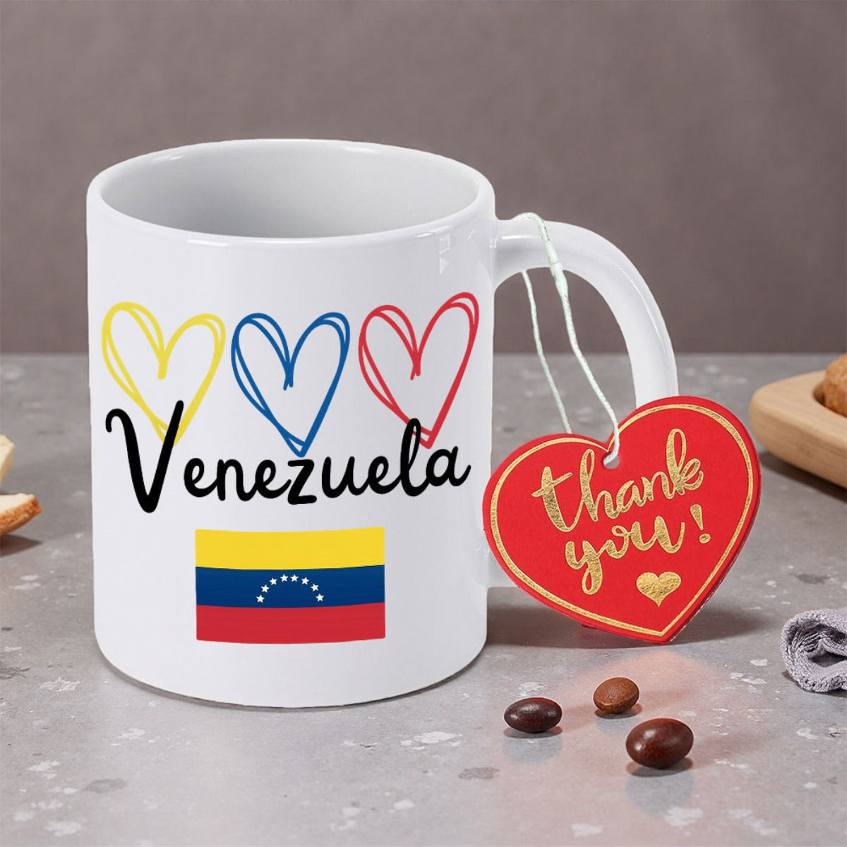 Tailorly White Ceramic 11 oz Mug - Venezuela Three Colorful Sketched Hearts Sitting Above A National Flag Mug