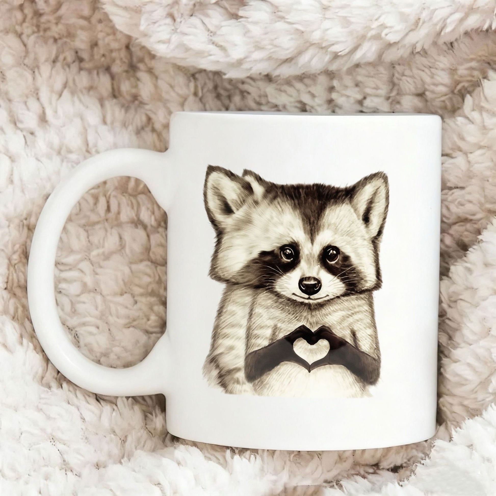 Tailorly White Ceramic 11 oz Mug - Adorable Furry Animal Making A Heart Shape With Tiny Paws Raccoon