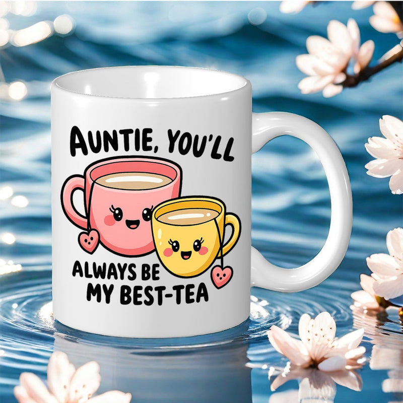 Tailorly White Ceramic 11 oz Mug - Auntie Youll Always Be My Best Tea Two Cute Cartoon Cups With Smiling Faces And Hearts Mug