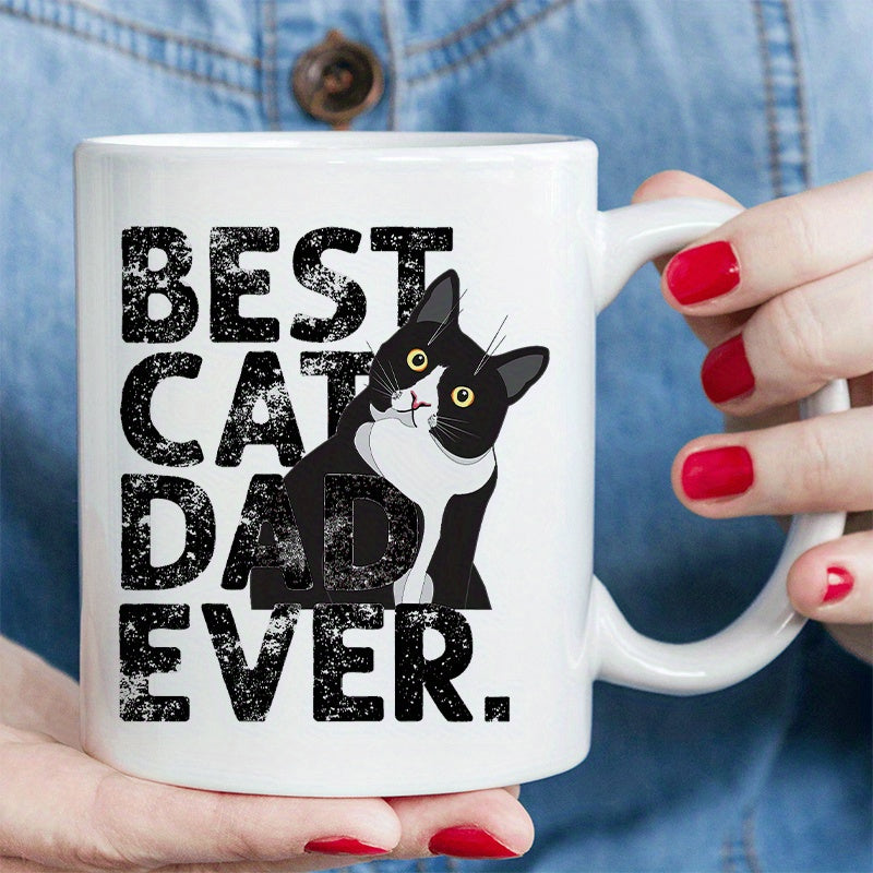 Tailorly White Ceramic 11 oz Mug - Best Cat Dad Ever Distressed Vintage Text With A Curious Black And White Cat
