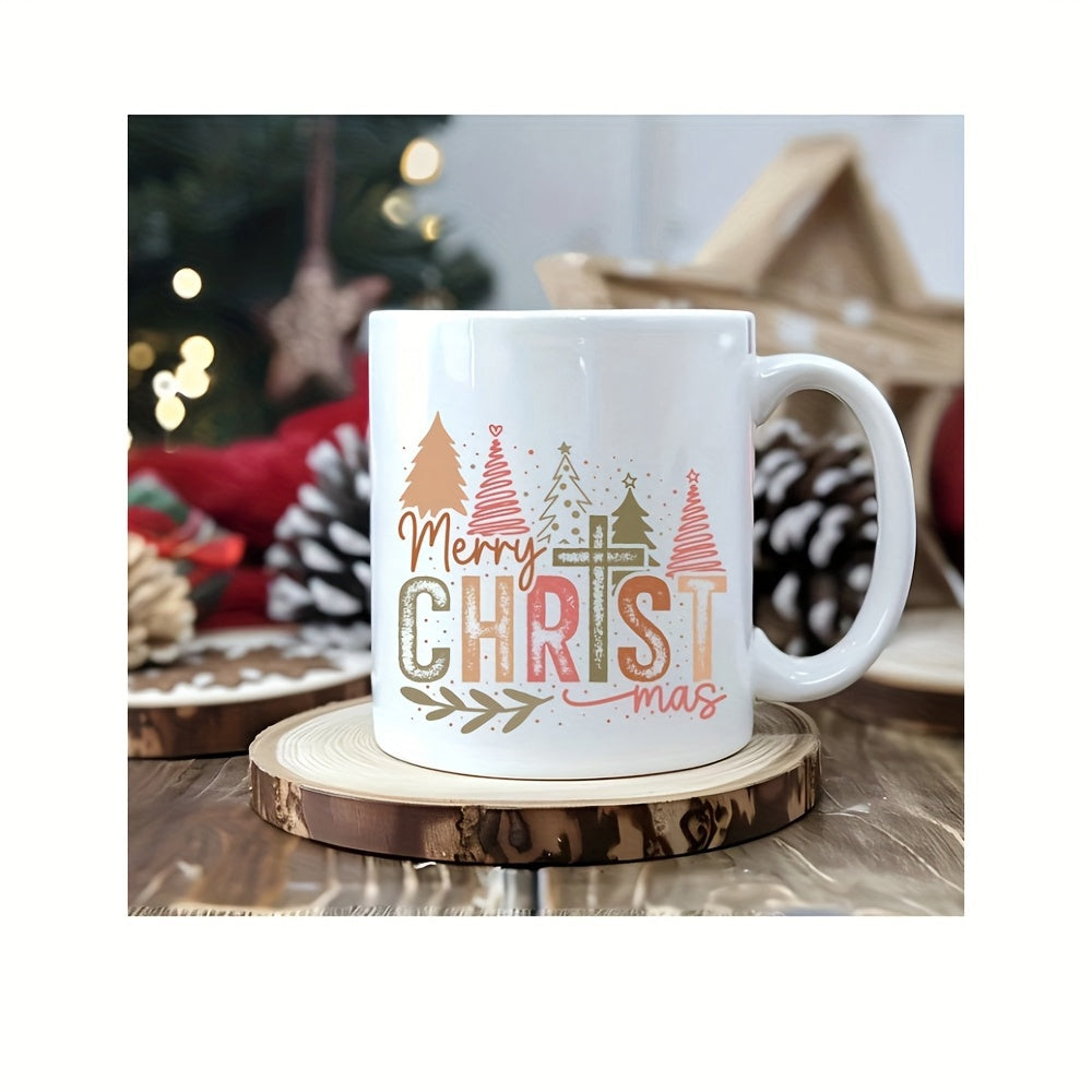 Tailorly White Ceramic 11 oz Mug - Merry Christmas Stylized Trees In Muted Tones With Cross Religious Holiday Tree