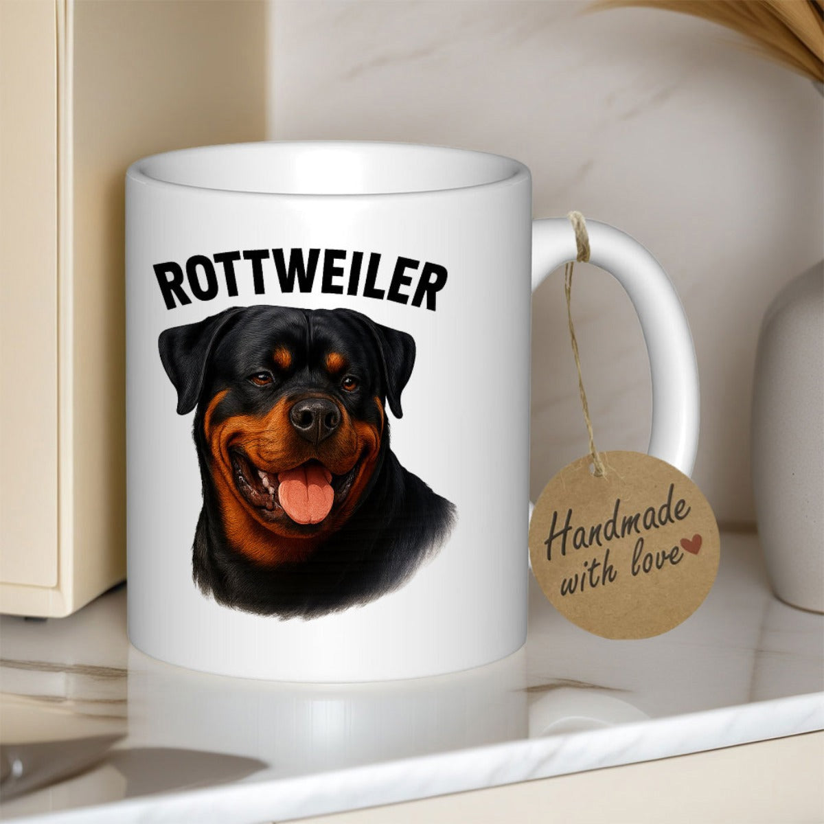 Tailorly White Ceramic 11 oz Mug - Rottweiler Friendly Smiling Portrait With Bold Lettering And Alert Domestic Canine Rottweiler