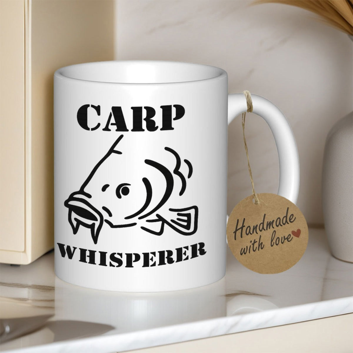 Tailorly White Ceramic 11 oz Mug - Carp Whisperer Simple Black Line Art Drawing Of A Large Aquatic River Fish Carp