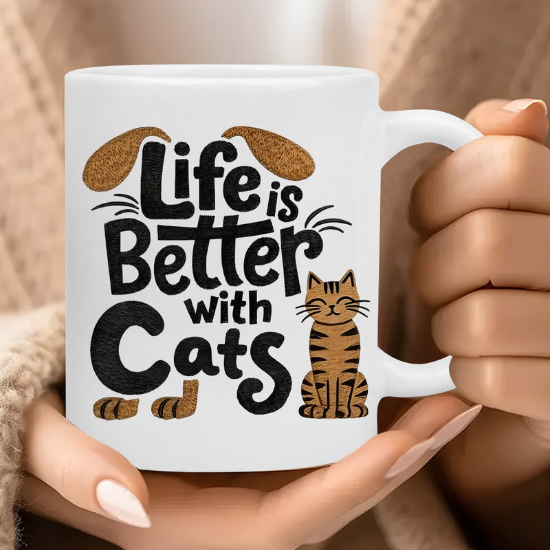 Tailorly White Ceramic 11 oz Mug - Life Is Better With Cats Adorable Tabby Cat Surrounded By Playful Ears And Paw Print Elements Cat