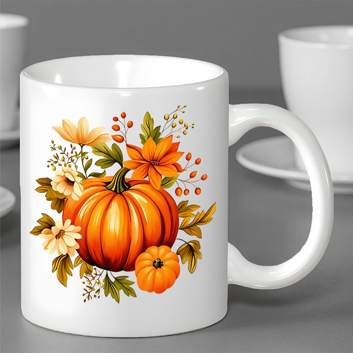 Tailorly White Ceramic 11 oz Mug - Vibrant Orange Harvest With Delicate Autumn Floral Accents And Golden Leaves Pumpkin