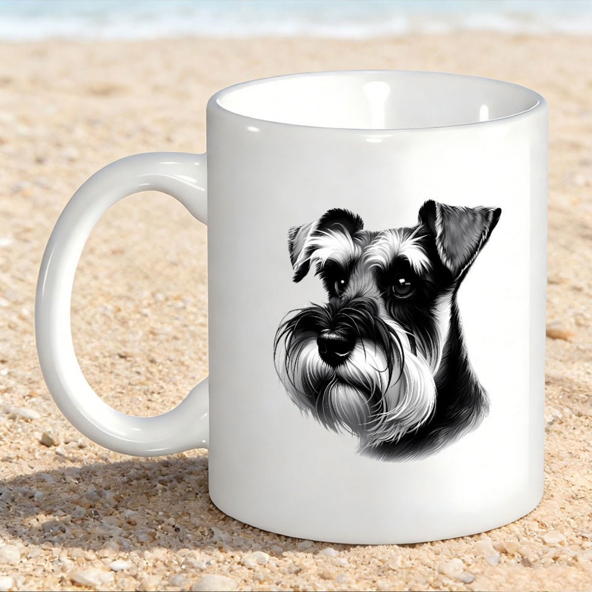 Tailorly White Ceramic 11 oz Mug - Detailed Artistic Black And White Sketch Of A Loyal Schnauzer