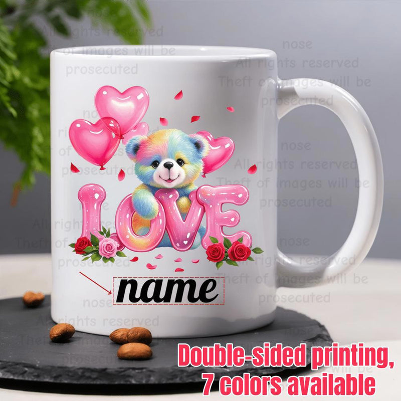 Tailorly White Ceramic 11 oz Mug - Love Name Colorful Pastel Bear Surrounded By Pink Heart Balloons And Roses Teddy Bear