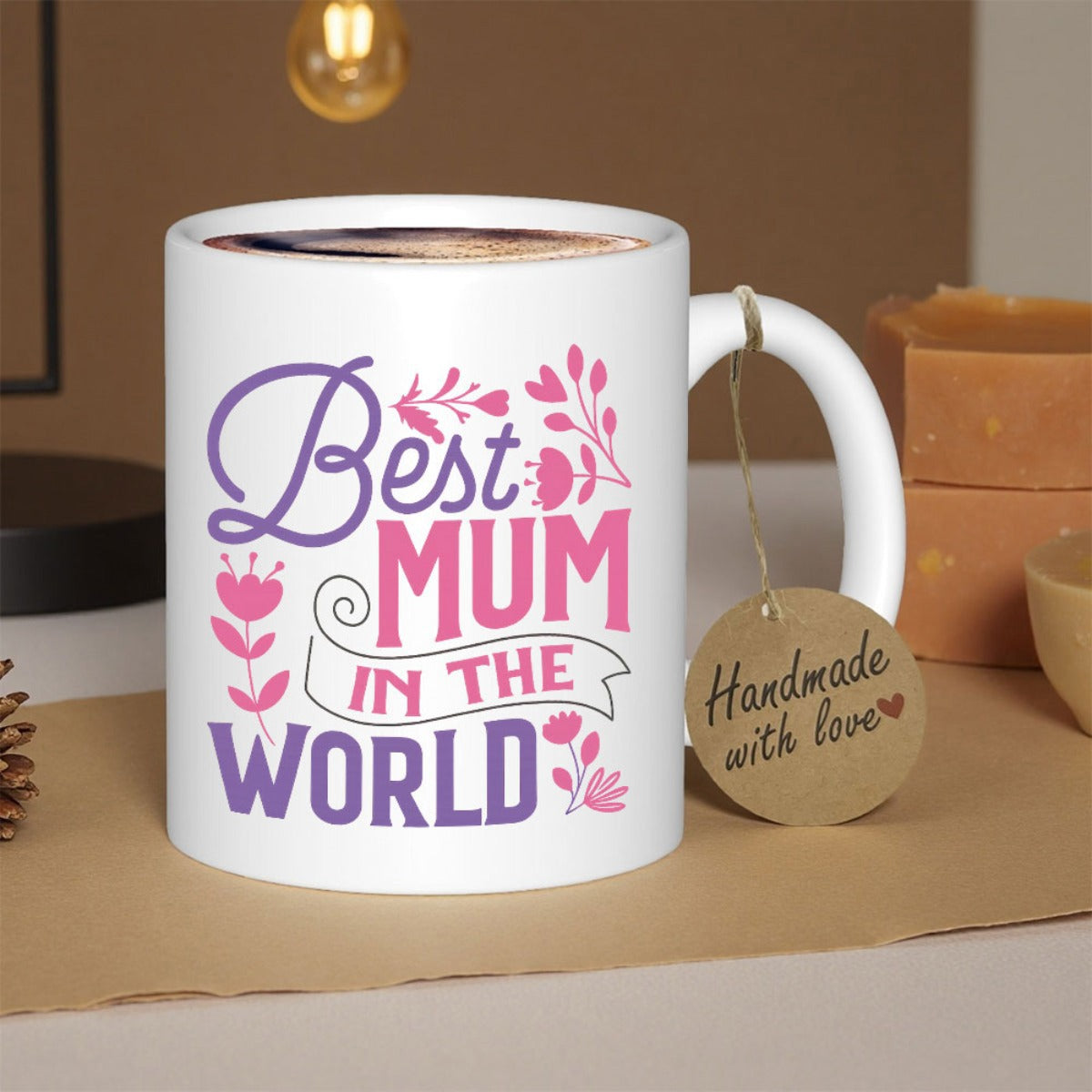 Tailorly White Ceramic 11 oz Mug - Best Mum In The World Elegant Purple And Pink Floral Accents Arranged Around Heartfelt Lettering Flower