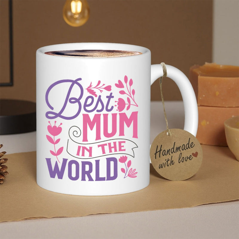 Tailorly White Ceramic 11 oz Mug - Best Mum In The World Elegant Purple And Pink Floral Accents Arranged Around Heartfelt Lettering Flower
