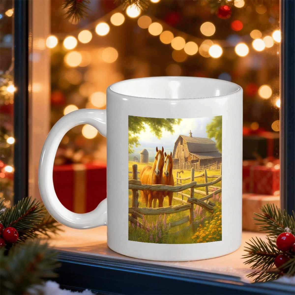Tailorly White Ceramic 11 oz Mug - Peaceful Countryside Farm Scene With Two Majestic Brown Farmstead Horse
