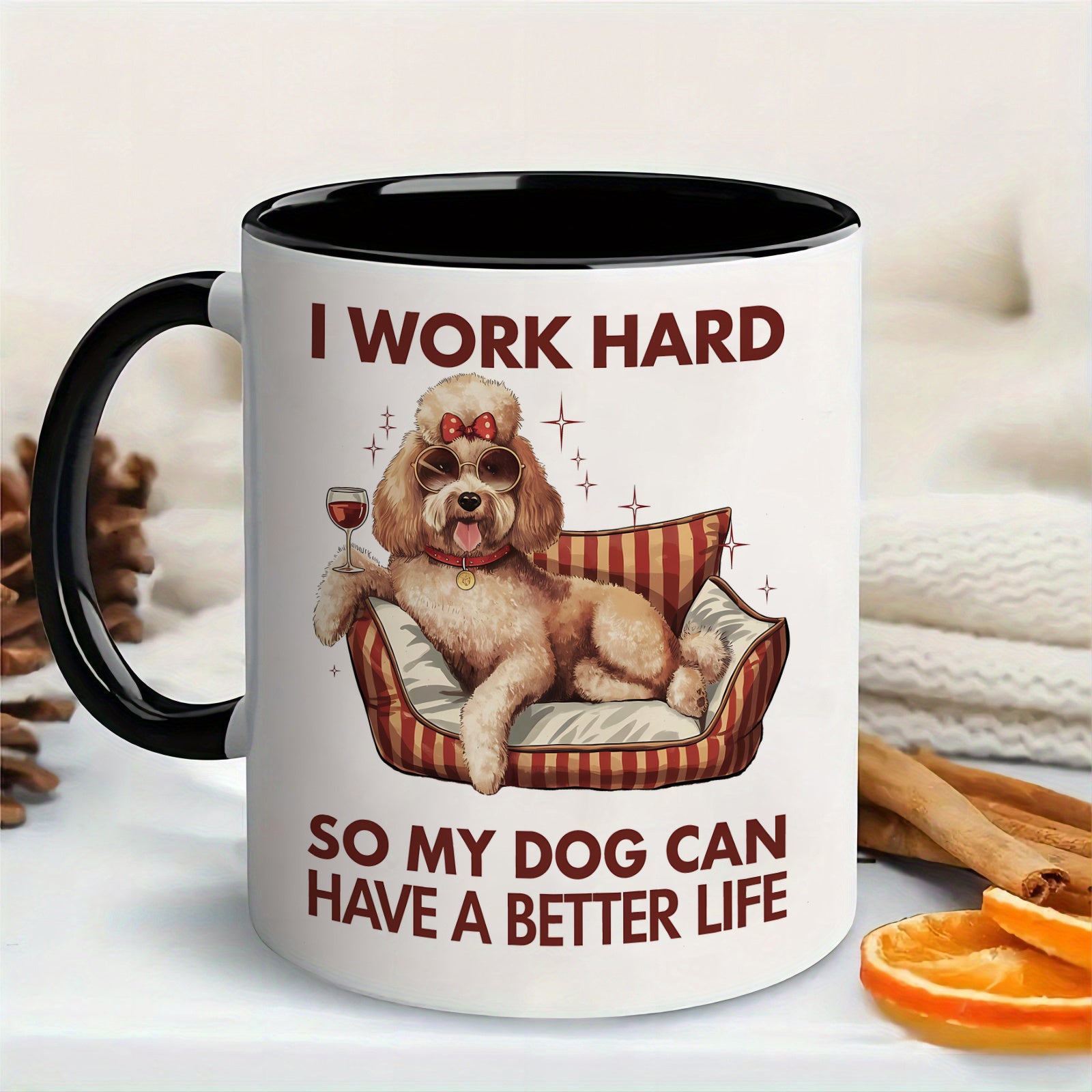 Tailorly Black Accent 11 oz Mug - funny dog lover cute poodle in armchair holding wine glass with text